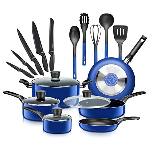 SereneLife SLCW20BLU 20-Piece Set Kitchenware Pots & Pans Basic Kitchen Set
