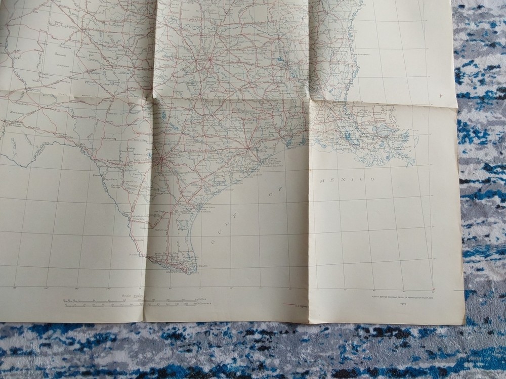 WWII 1942 Eighth Service Command Engineer Map TX LA AR