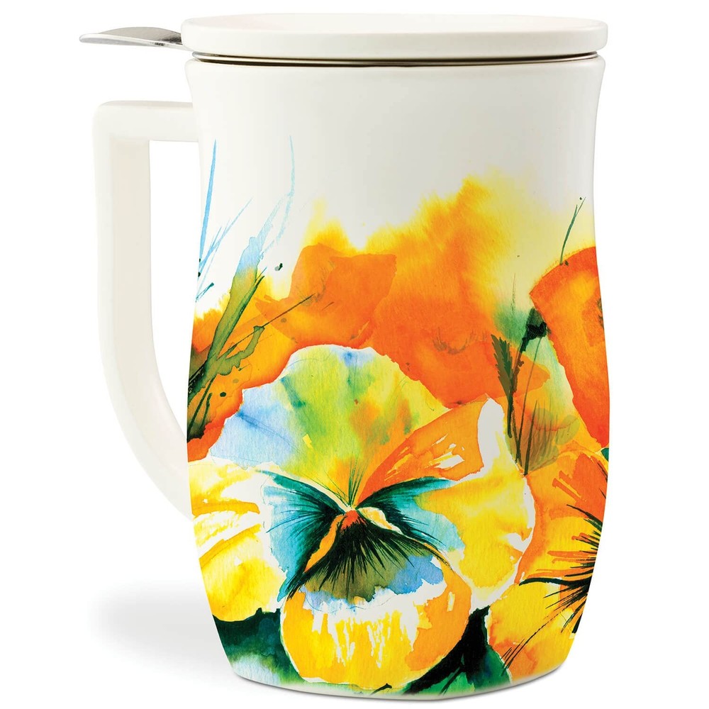 Tea Forte Ceramic Fiore Cup with Handle, Removeable Stainless Steel Infuser B...