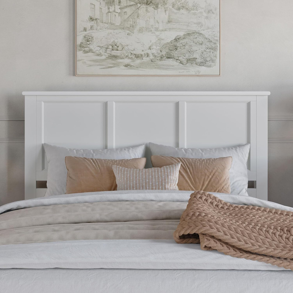 , Madison Queen Solid Wood Panel Headboard with Attachable Charger, White