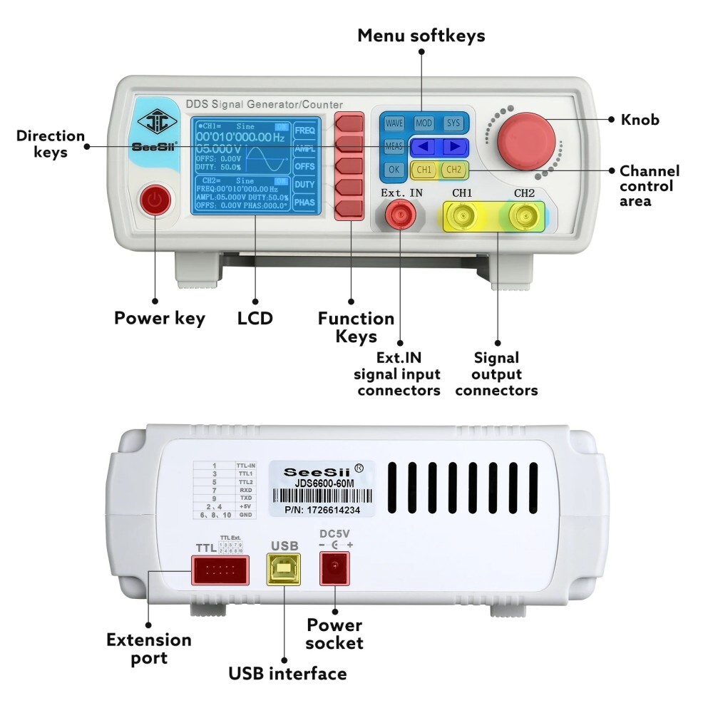 2-Channel Function Arbitrary Waveform 60MHz Signal Generator Frequency Counter