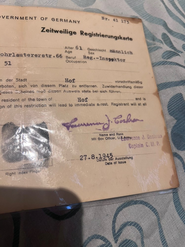 Genuine WW2 Temporary Registration Document Germany 1945