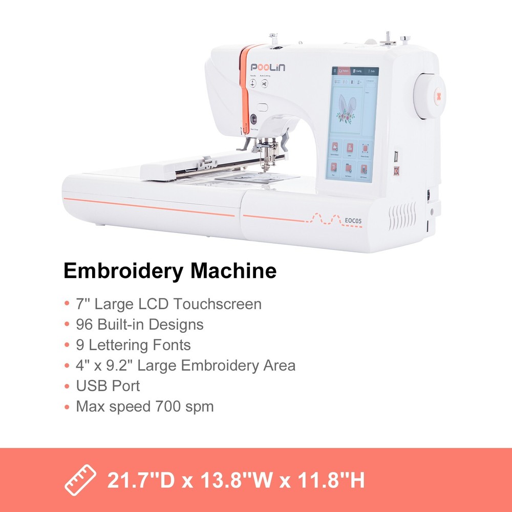 Poolin EOC05 4 x 9in Embroidery Machine Computerized 7in Large LCD Touch Screen