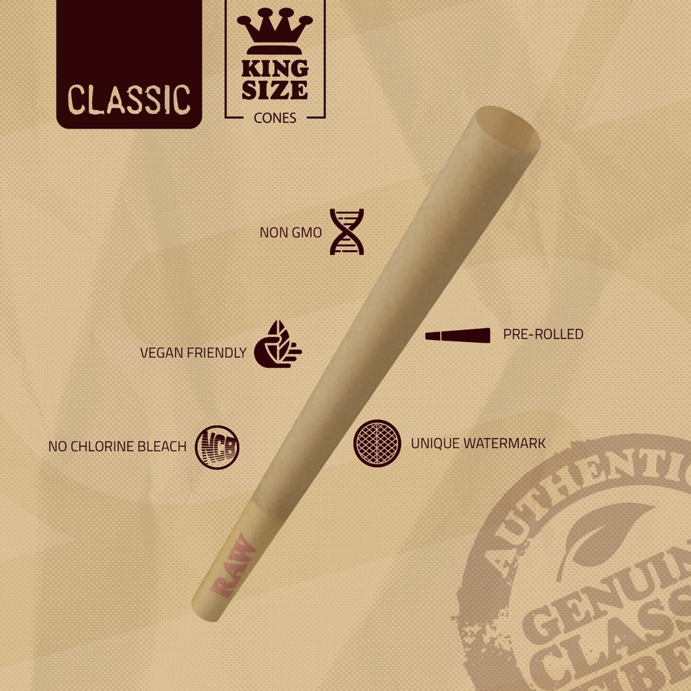 RAW Cones King Size Classic | 50 Pack | Slow Burning Rolling Papers with Tips