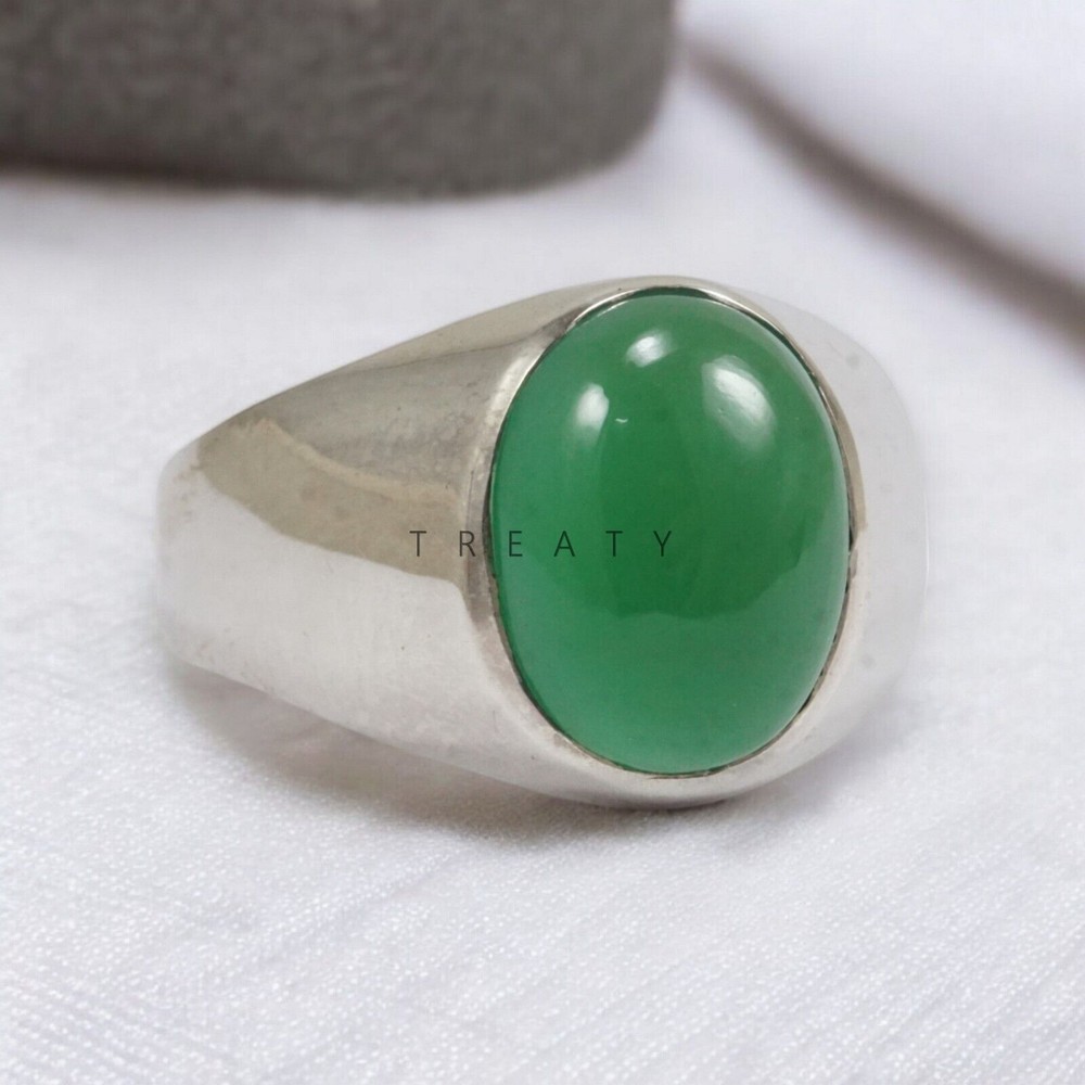 Jade Oval Cut Gemstone With 14K Solid White Gold Ring For Men's #992