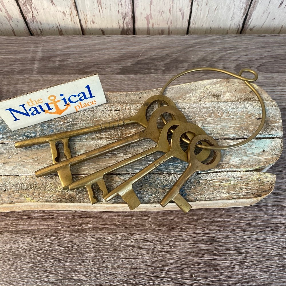 Hand Forged Solid Brass Keys On Ring - Set of 5 - Decorative Skeleton Key Set