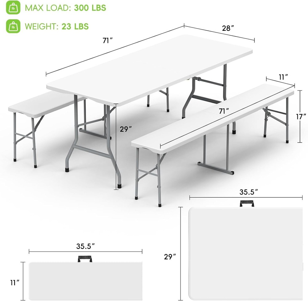 6ft Folding Picnic Table with 2 Benches Portable White