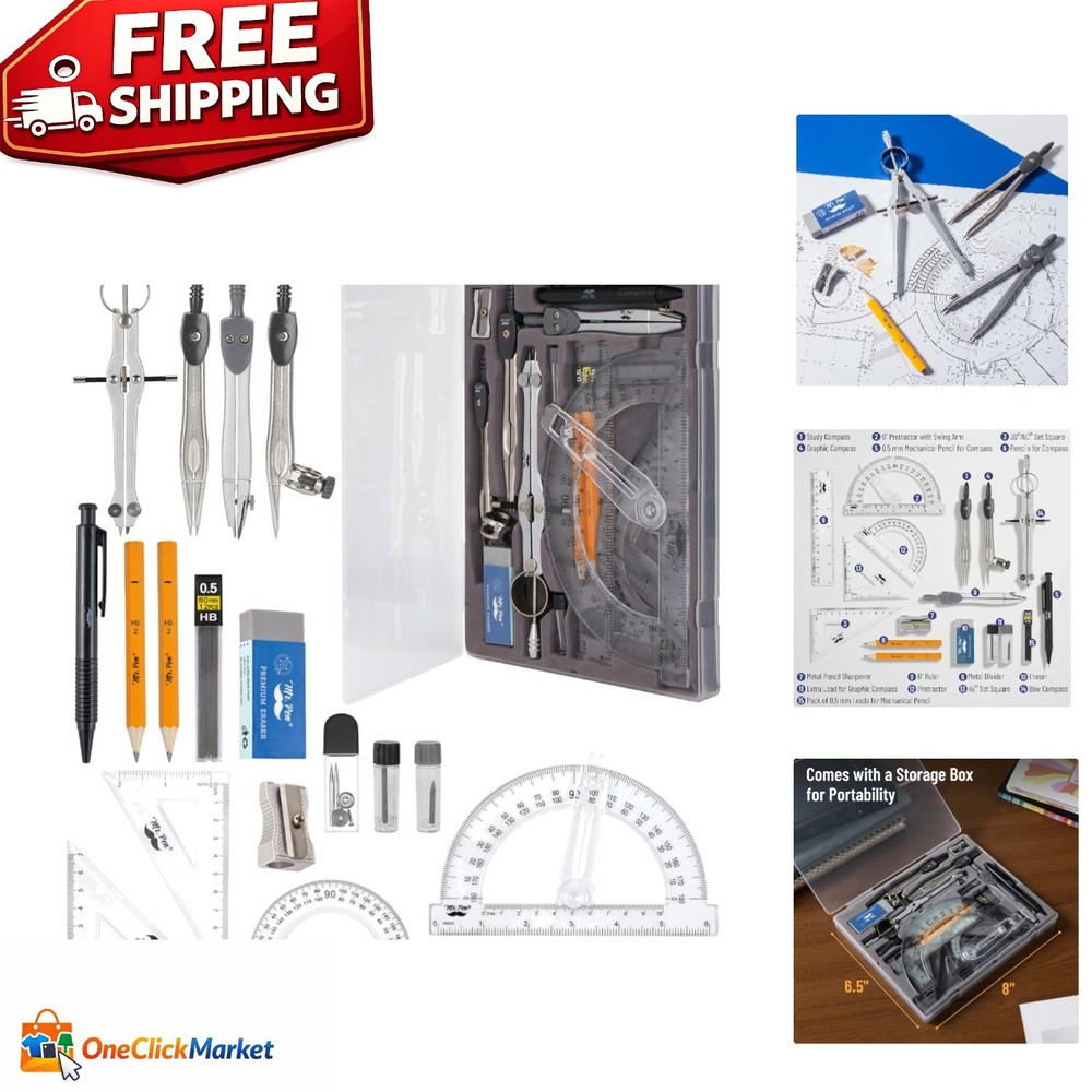Essential 15-Piece Geometry Kit with Classic Slate Color & Protractor