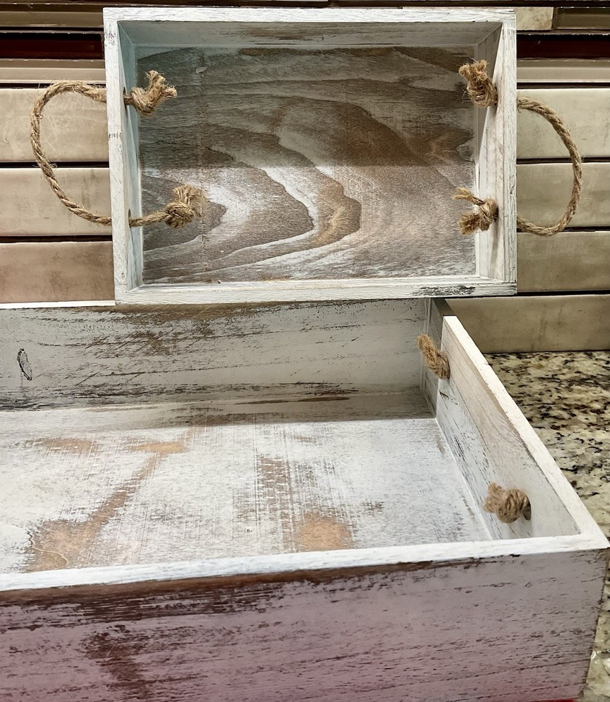 Set of 2 Whitewashed Wood Rectangular Boxes With Rope Handles