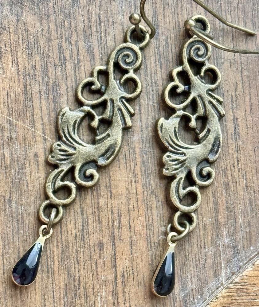 Etched Bronze Design with Black Teardrop Dangle Earrings.
