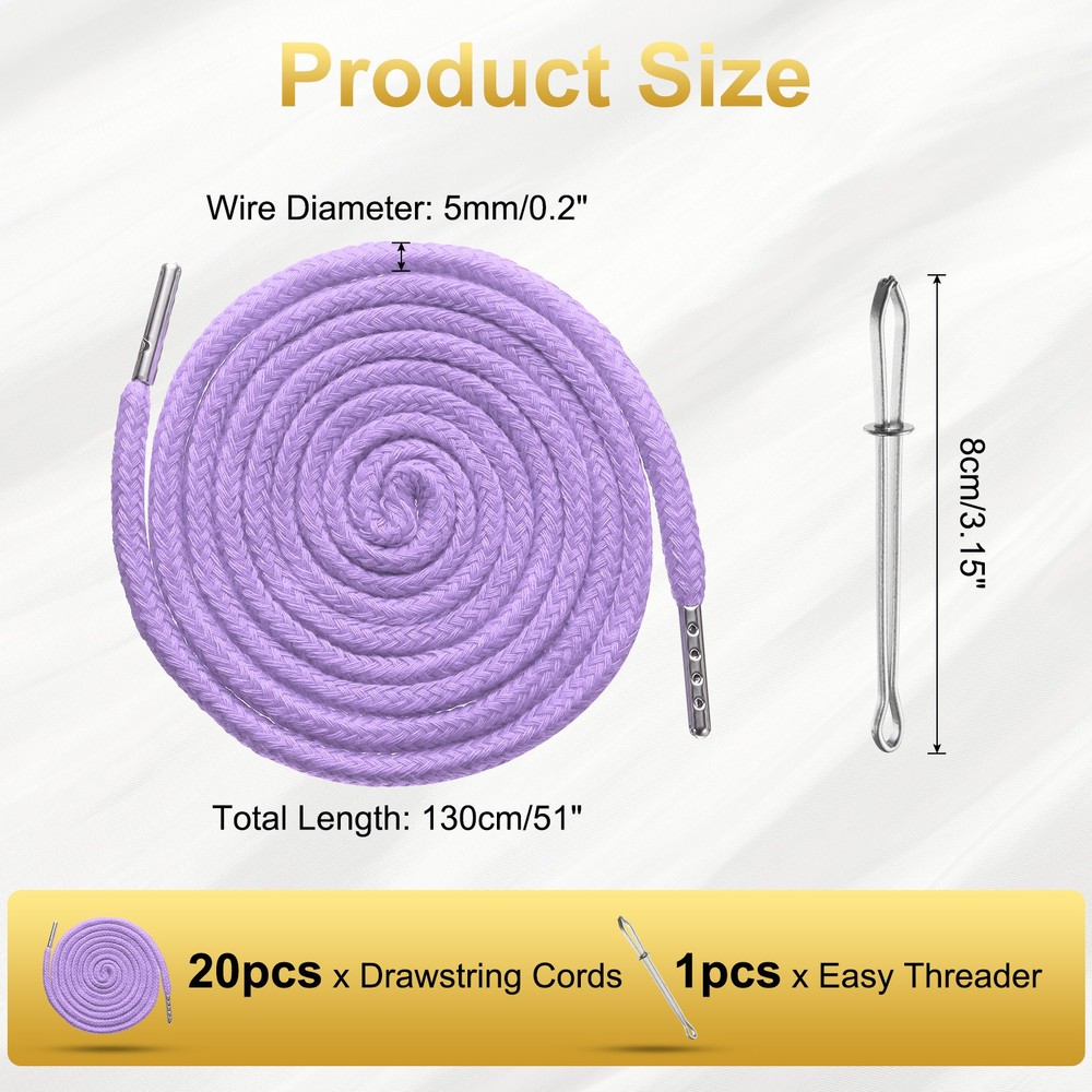 20pcs Drawstring Cords 51" Replacement Drawstring with Threader, Light Purple