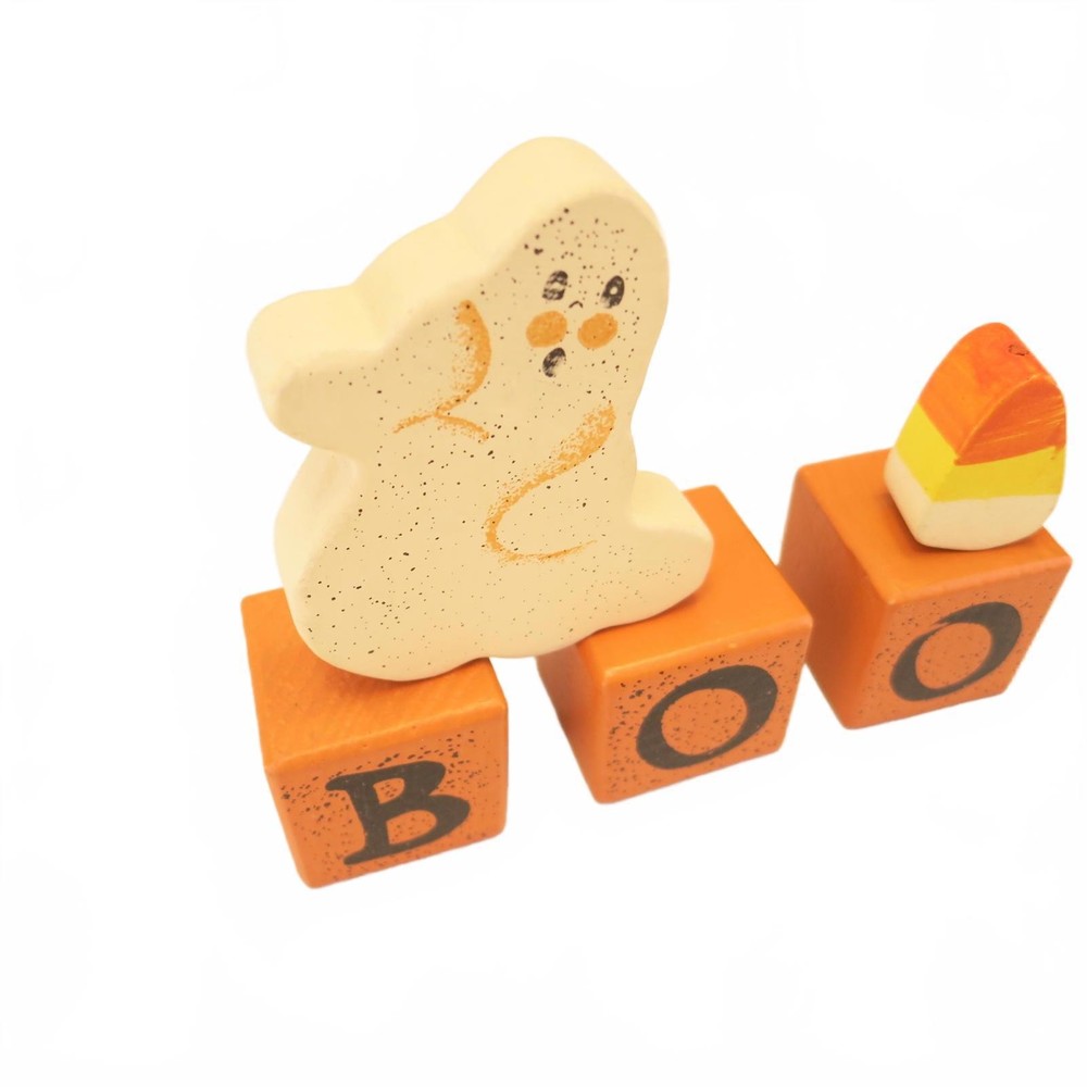 Wooden Halloween Decor Blocks with Ghost and Candy Corn
