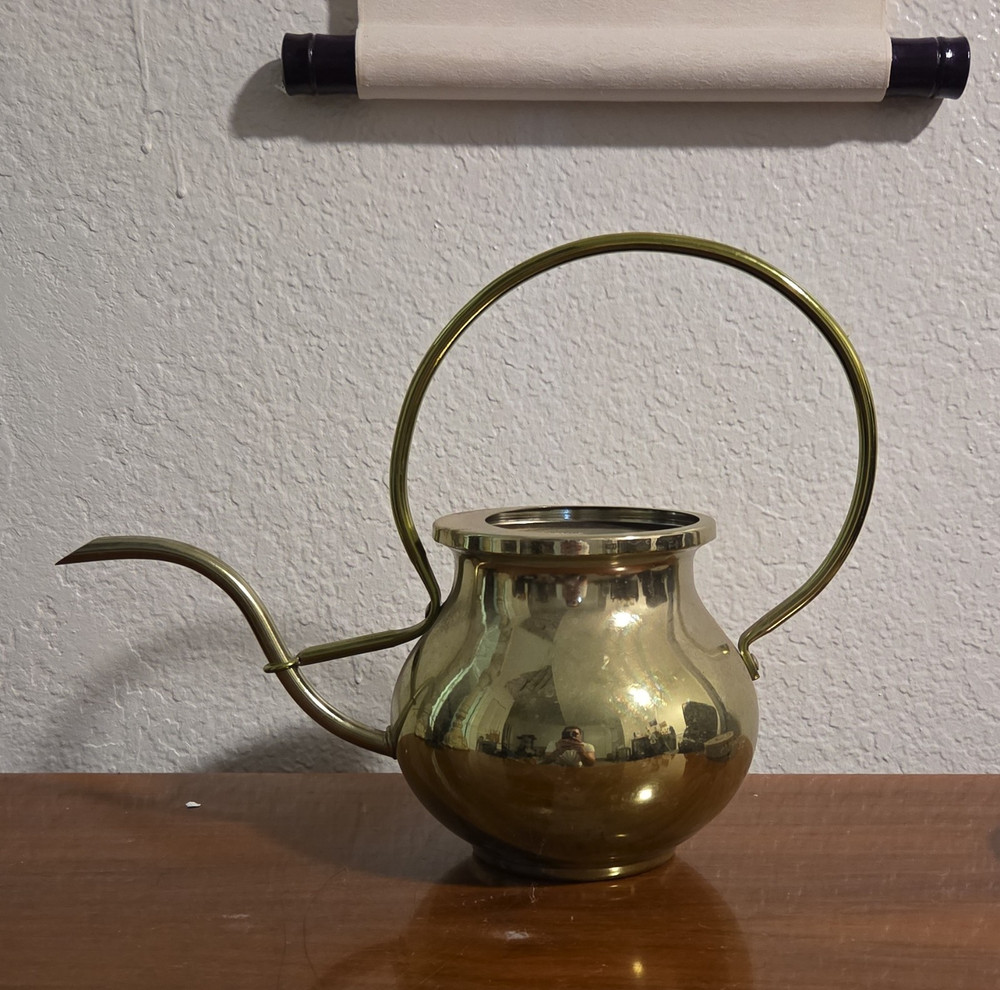 Gold Brass Decorative Watering Can with Curved Handle