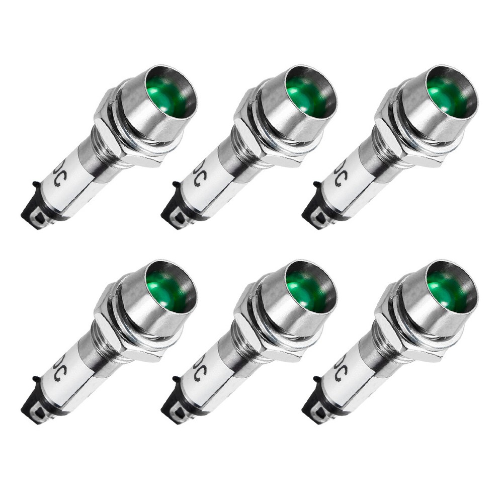 6pcs Indicator Light DC 12V Green Metal Shell Panel Mount 5/16" 8mm