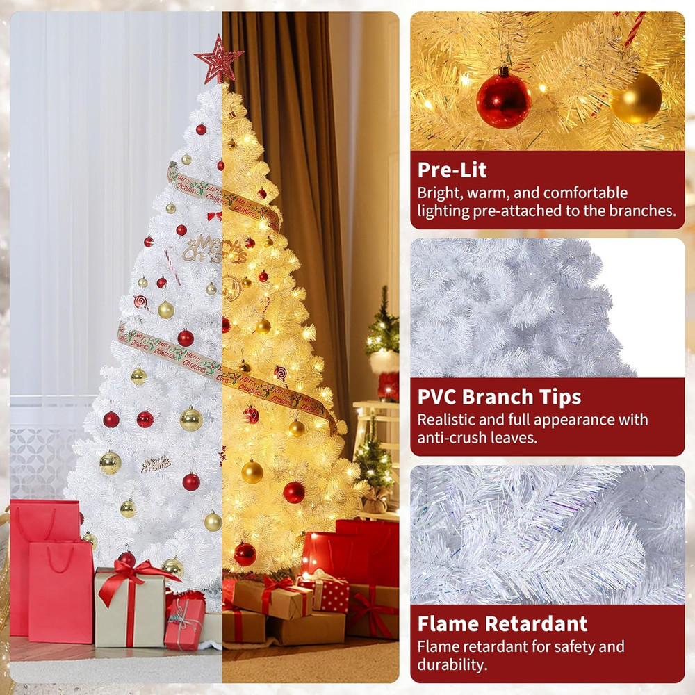 7.5Ft Pre-Lit White Christmas Tree with 450 LED Lights - Easy Assembly
