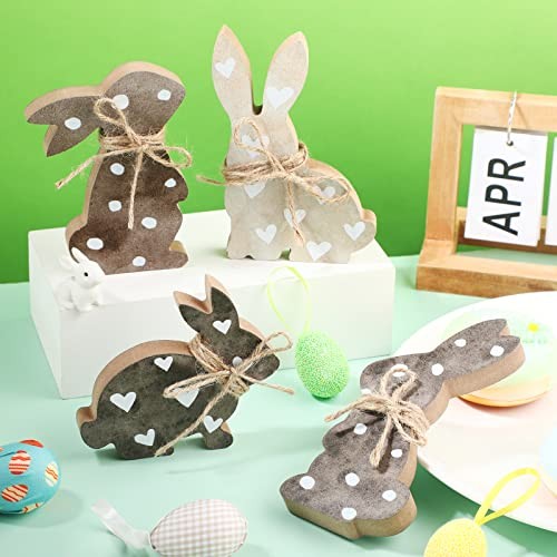 4 Pcs Easter Decorations Easter Bunny Wooden Table Sign Tabletop Rabbit Brown