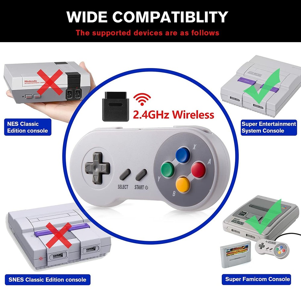 2x Wireless SNES Controller Remote Gamepad For Original Super SNES Console & SFC