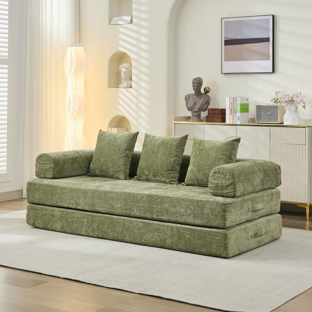 Multi-Functional Floor Sofa Convertible Folding Chenille Bed Sofa Couch Green
