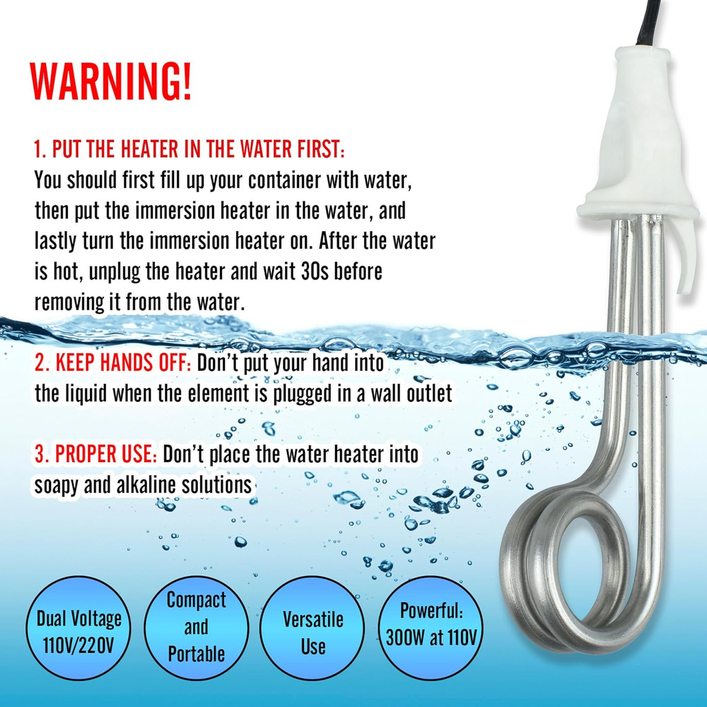 Immersion Water Heater Electric Camping Accessories - 300W - 120/240V - Dual Vol