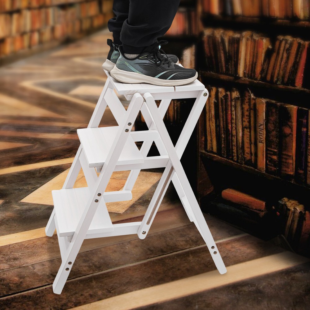 3-layer Folding Step Ladder Folding Wooden Step Stool Not Require Assembly White