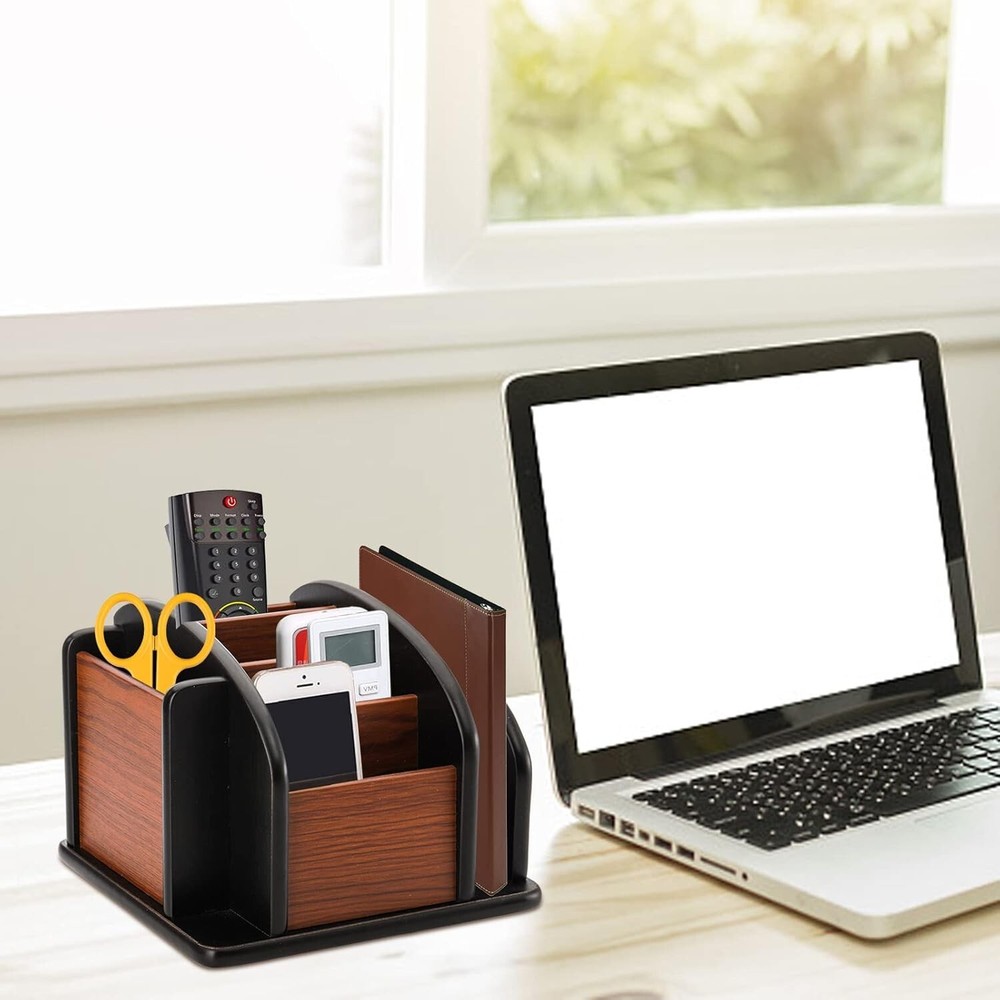 Wood Rotating Remote Caddy Remote Control Holder for Table 6-Compartment New