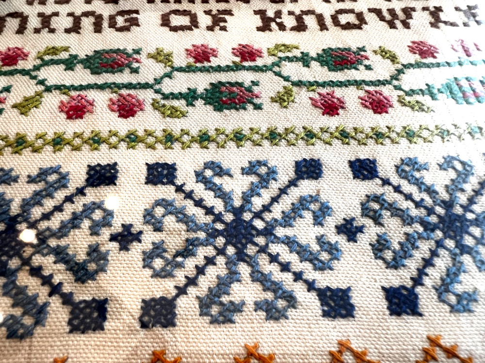 Vint Finished Completed Framed Cross Stitch Colonial Sampler Needlepoint Linen