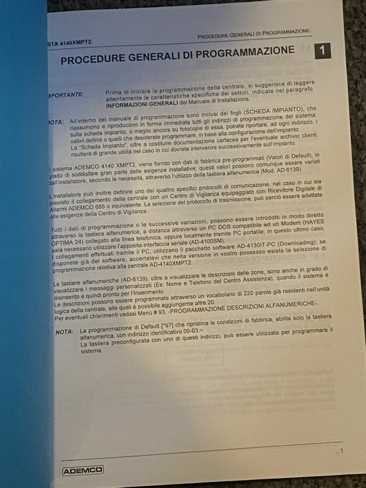 Vista 4140XMPT2 manuale di programmazionel ; programming manual