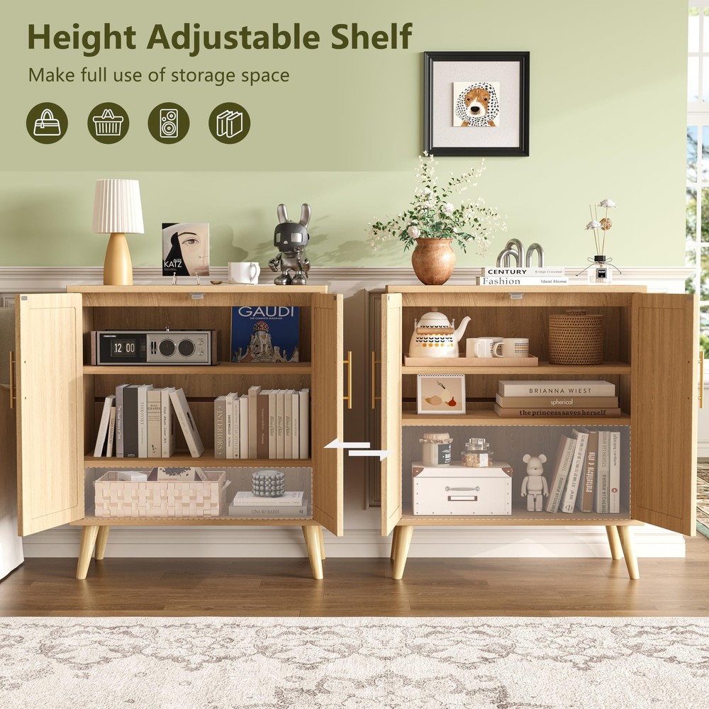 Rattan Buffet Cabinet with Storage, Boho Buffet Table with Adjustable Shelf a...
