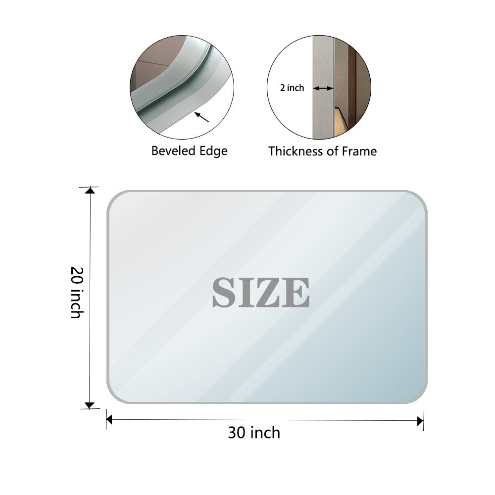 30x20 Inch Glossy Brushed Silver Rectangle Bathroom Mirror with Rounded Corners