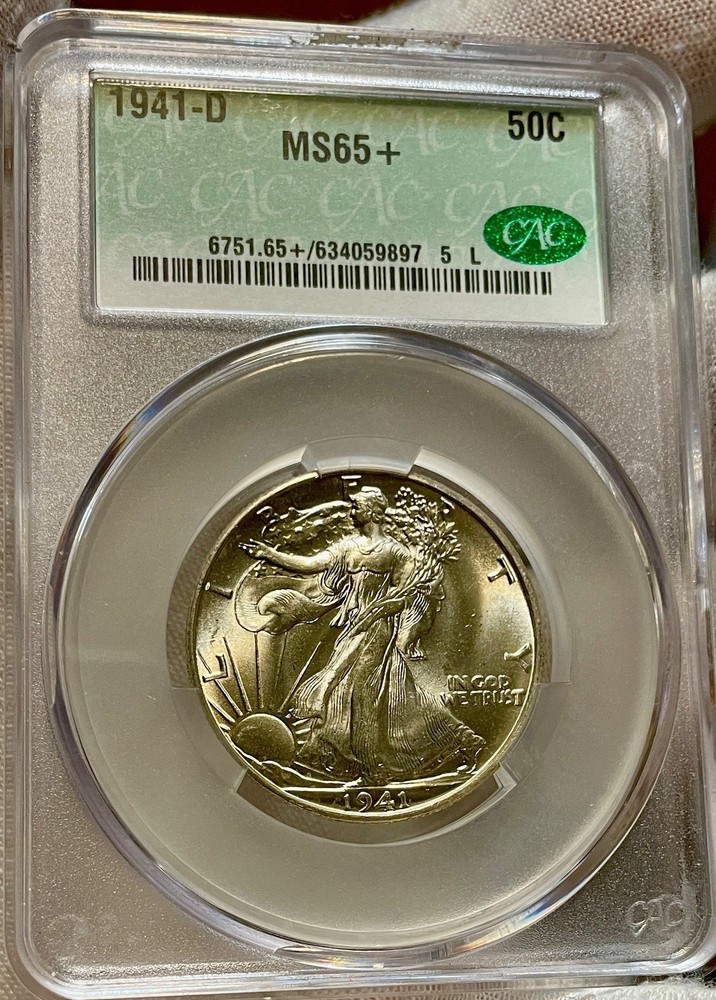 1941-D - Walking Half Dollar. CAC -MS 65+ White Gem.