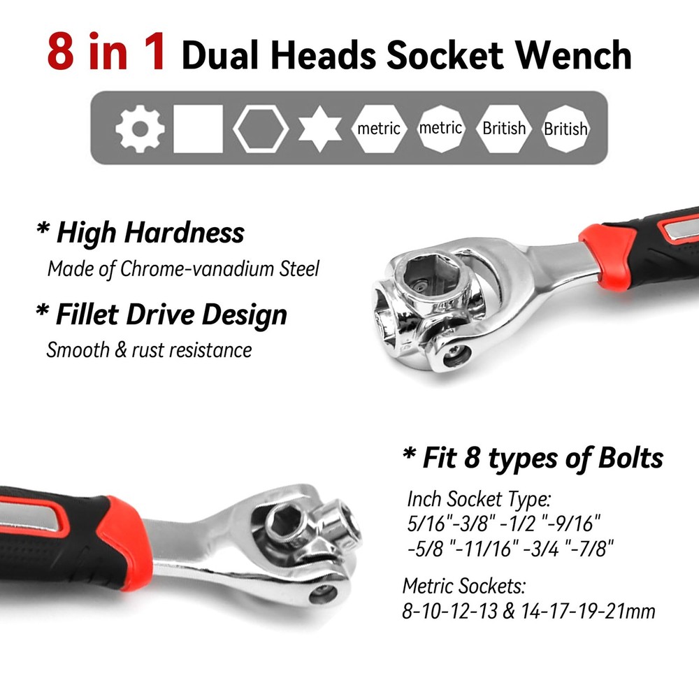 Universal 8 in 1 Socket Wrench Multi-function Tool with 360° Rotating Head, S...