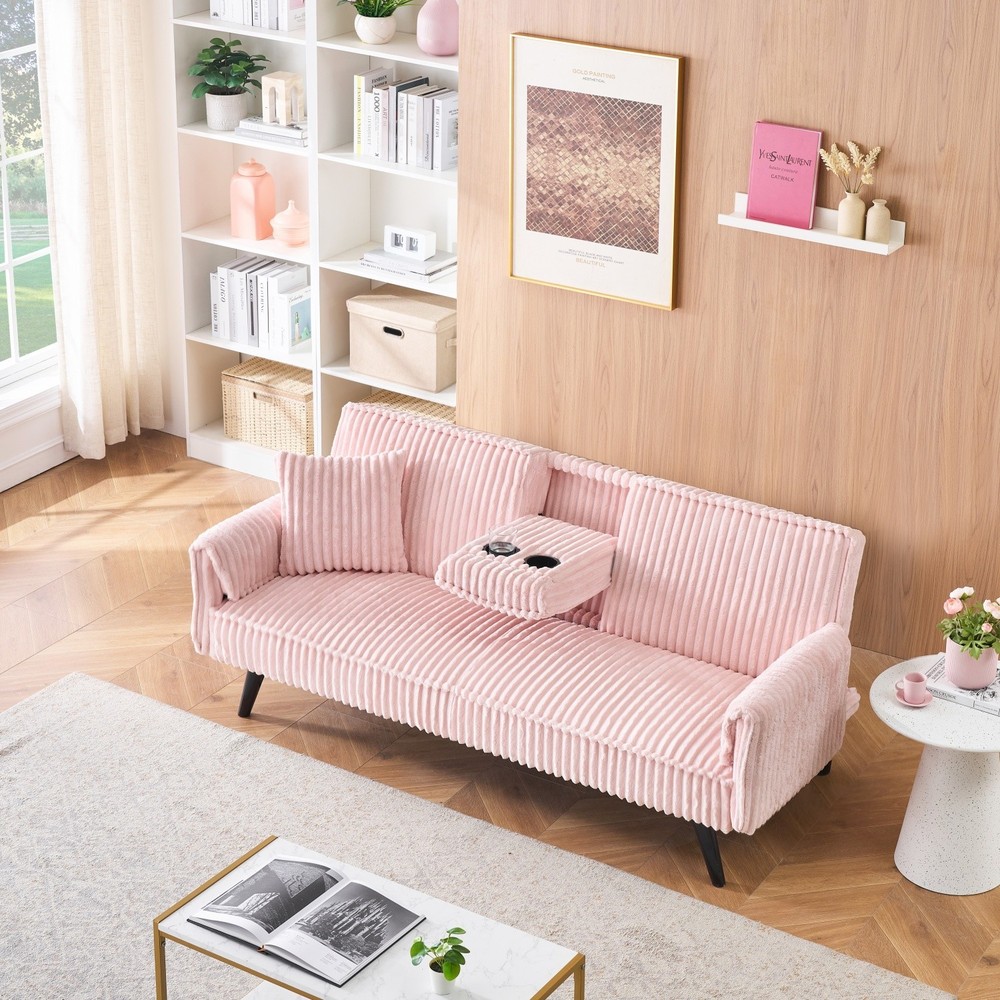 Corduroy Sofa Convertible Sleeper Sofa Bed with 2 Cup Holders & Adjustable Back