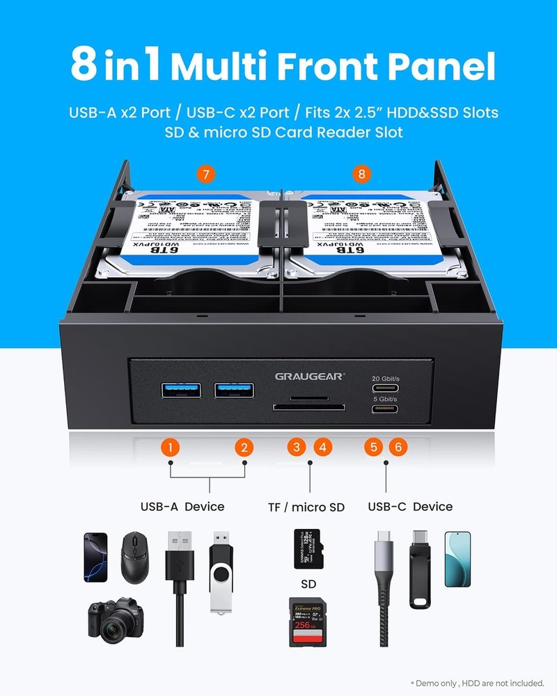 GRAUGEAR 5.25” Front Panel USB Hub, Internal SD/microSD Card Reader for De