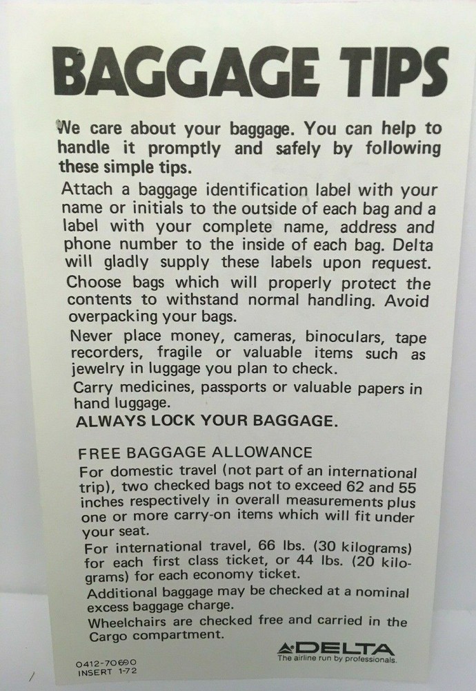 Vtg Delta Airlines Baggage Tips For Passengers Reference Sheet From 1972