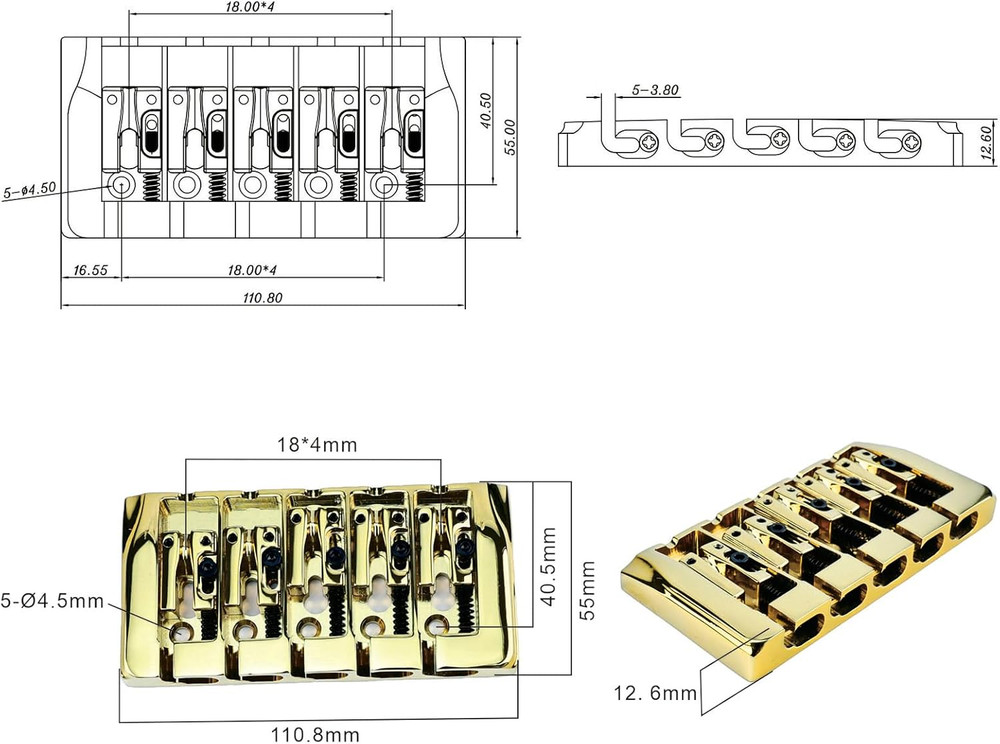 Gold 5 String Bass Adjustable Saddles Fixed Bridge