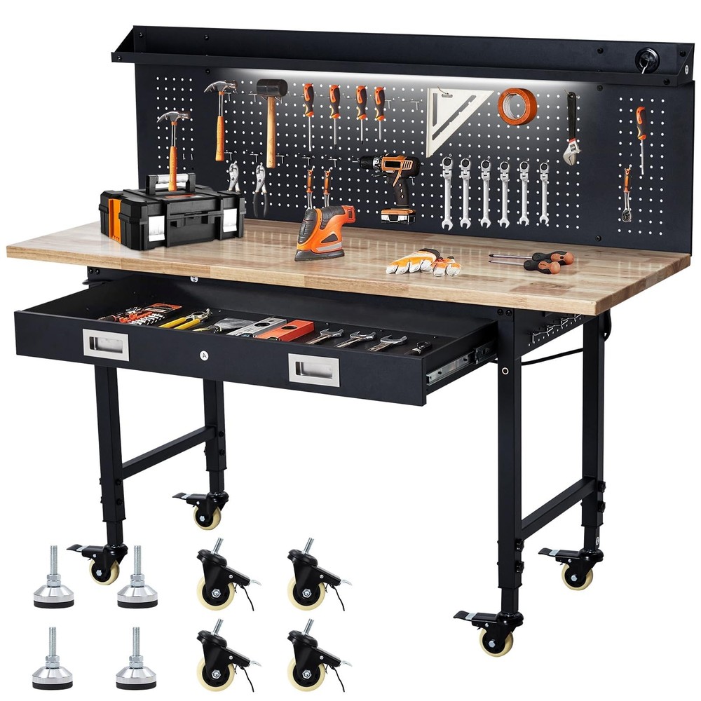 60" x 22" Adjustable Workbench ,Heavy Duty Work Table with Drawer and Pegboard