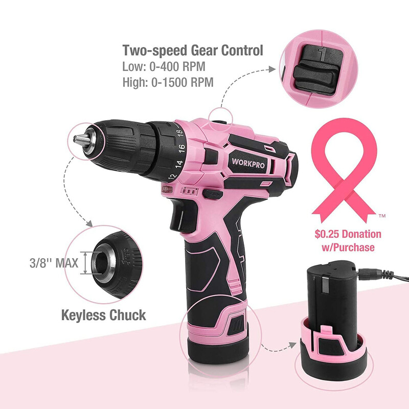WORKPRO 12V Cordless Drill Driver Set 3/8" Keyless Chuck Screwdriver Driver Pink
