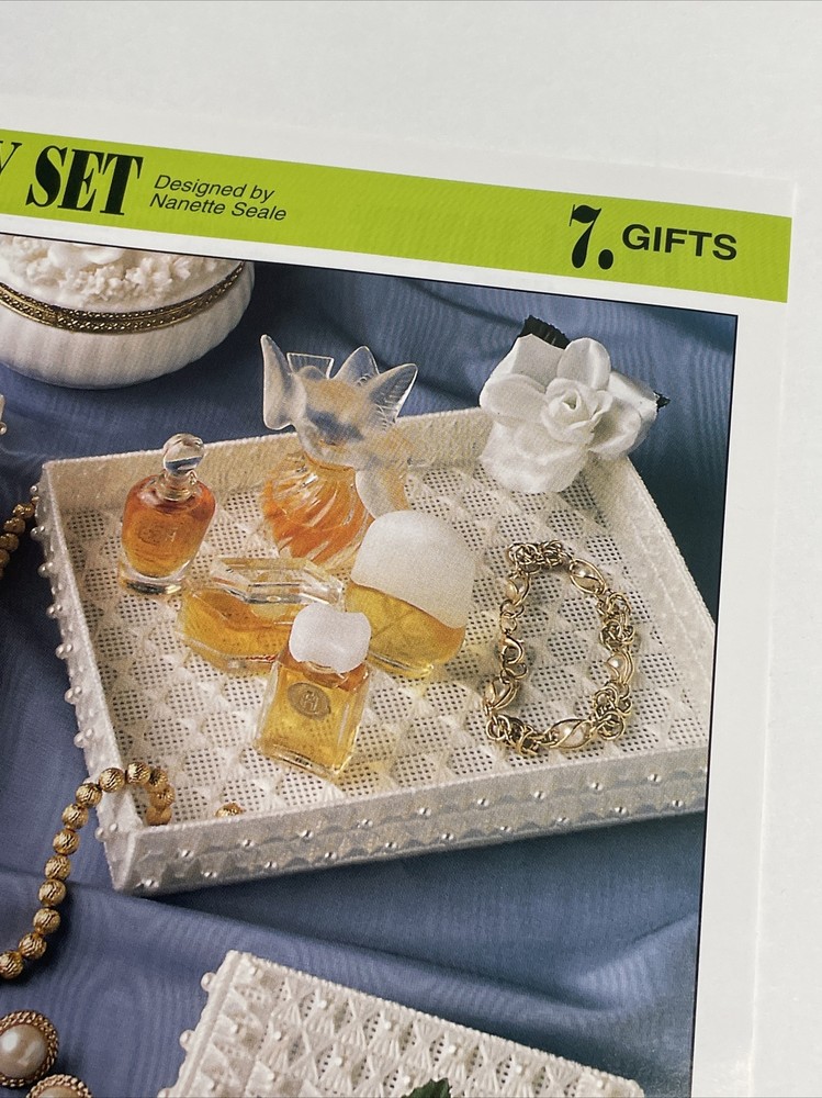 Annie's Attic Pearl Vanity Set Mirror Insert & Boxes Plastic Canvas Pattern