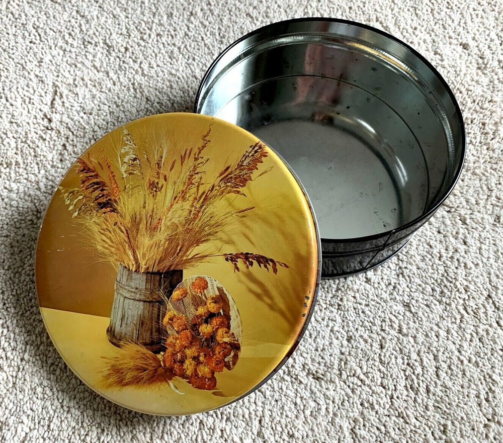 Vintage EMPTY TIN CONTAINER Autumn, Fall, Thanksgiving Round 7”x 2.75"