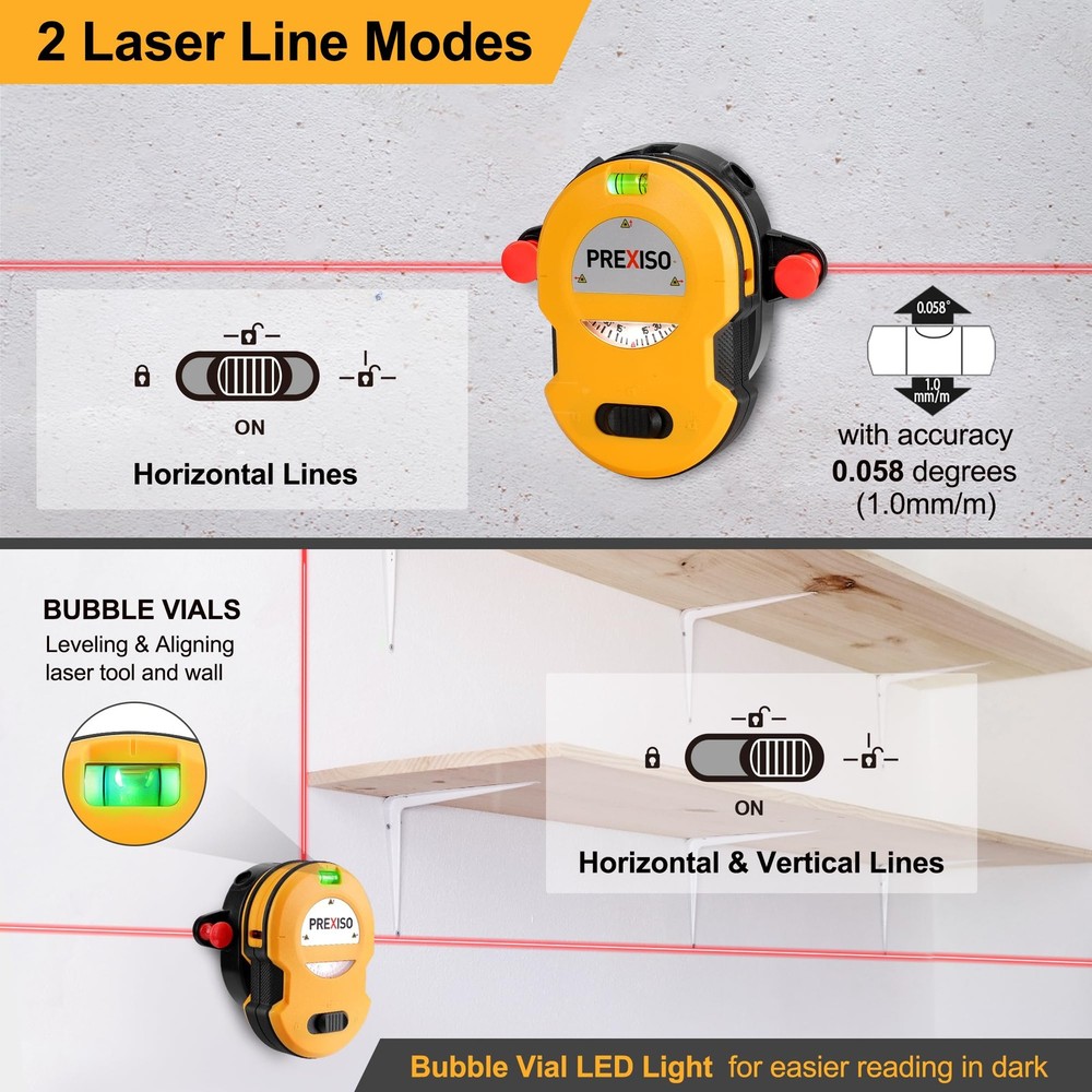 PREXISO Multi Surface Laser Level LED Light Vial, 30Ft Horizontal & Black