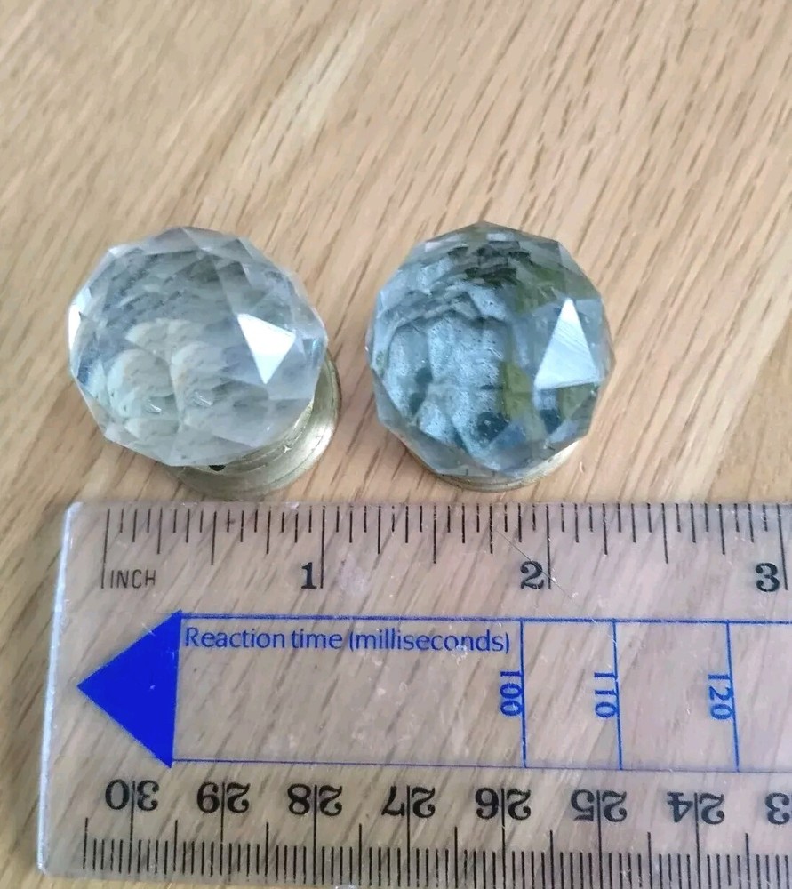 Vintage Pair Very Small Old Round Faceted Glass Pull Knobs Brass Base
