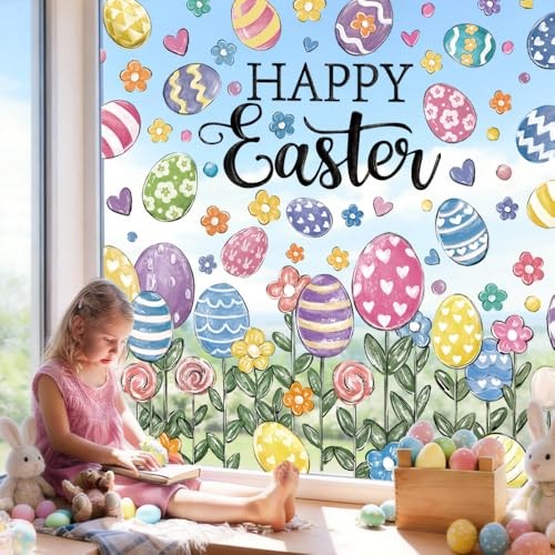 6 Sheets Large Easter Window Clings Happy Easter Eggs Window Eggs with Flower