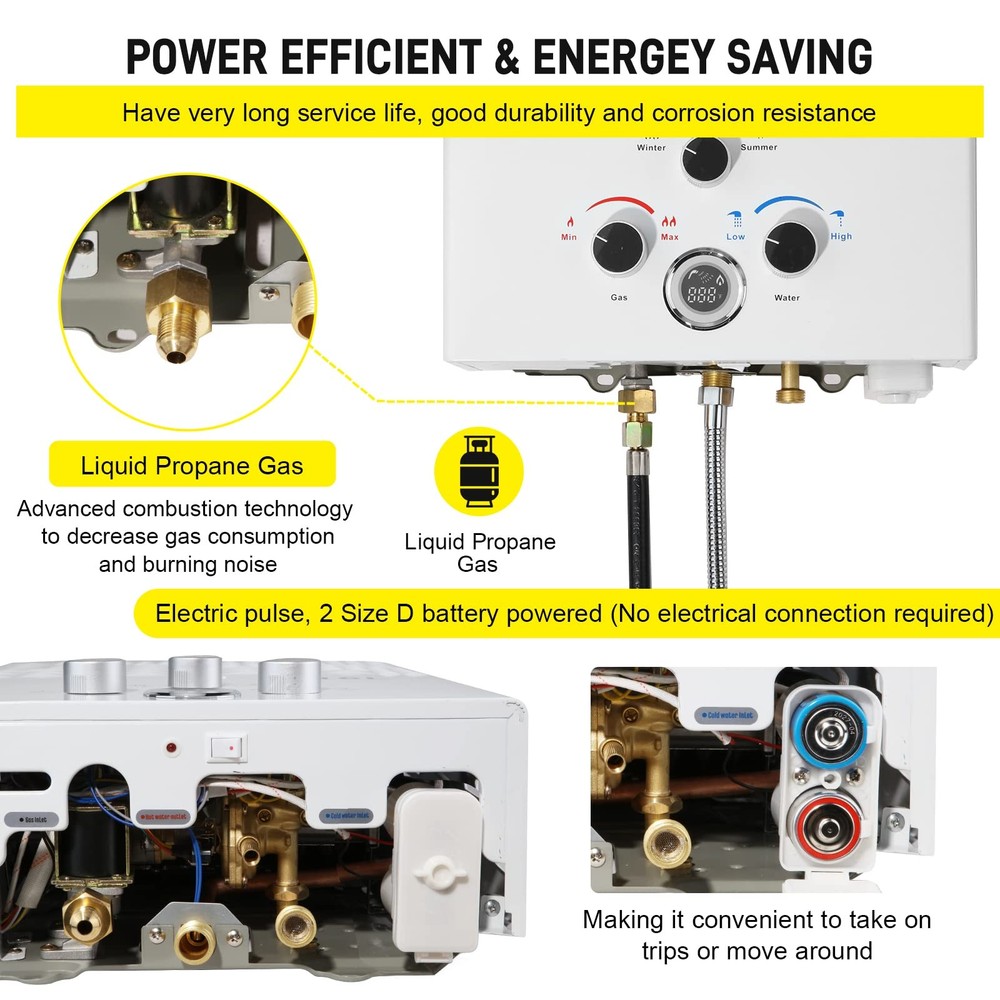 Tankless Water Heater Propane 5.26GPM 20L Outdoor Portable Gas Hot Water Heat...