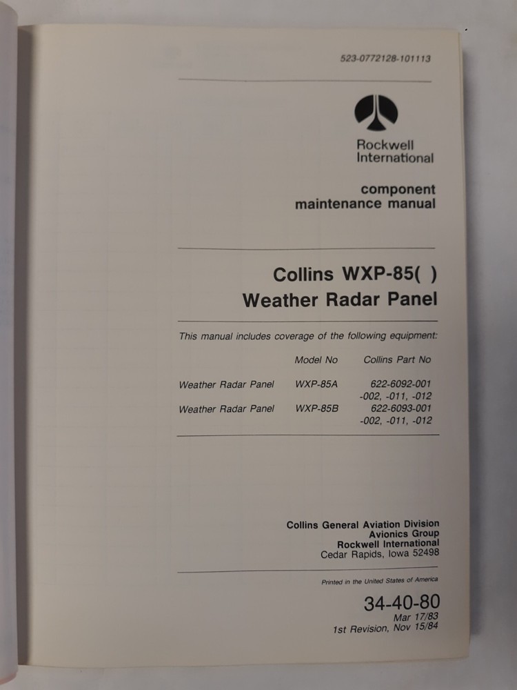 Collins WXP-85( ) Weather Radar Panel Component Maintenance Manual Original