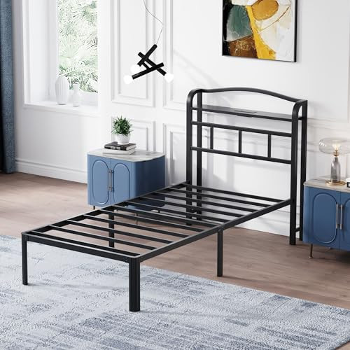 14 Inch Metal Bed Frame - Twin Size Black Heavy Duty Bedframe Platform Basic