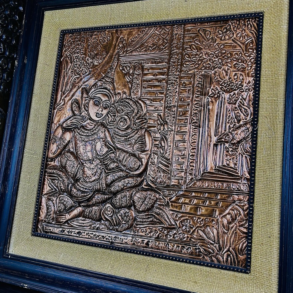 Oversized Framed Repoussé Copper-Tone 25” Devotional Panel Relief Art MidCentury
