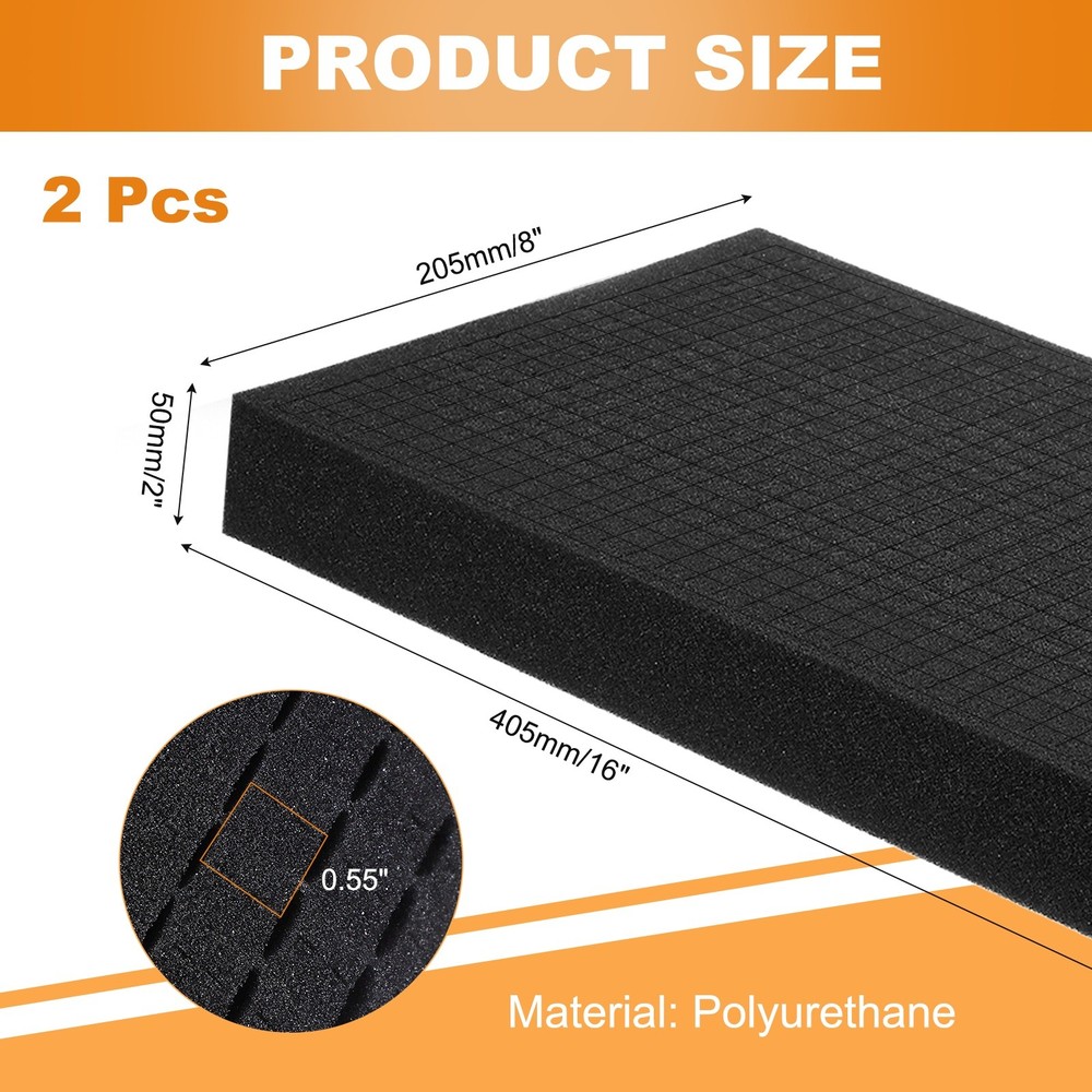2 pcs Polyurethane Foam Inserts, 16"Lx8"Wx2"T Packing Sheets Pre Cut(Black)