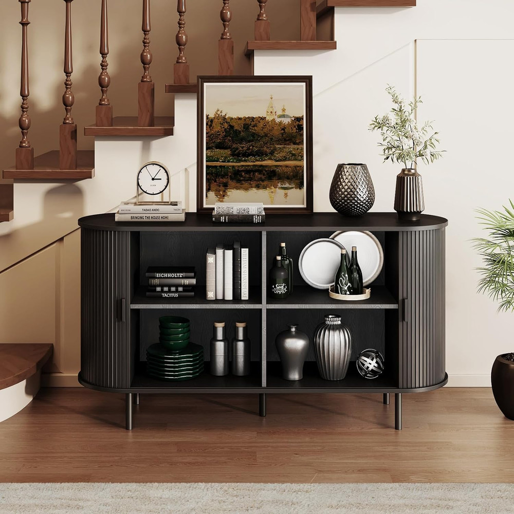 Modern Black Buffet Sideboard Cabinet with Sliding Door & Adjustable Shelf