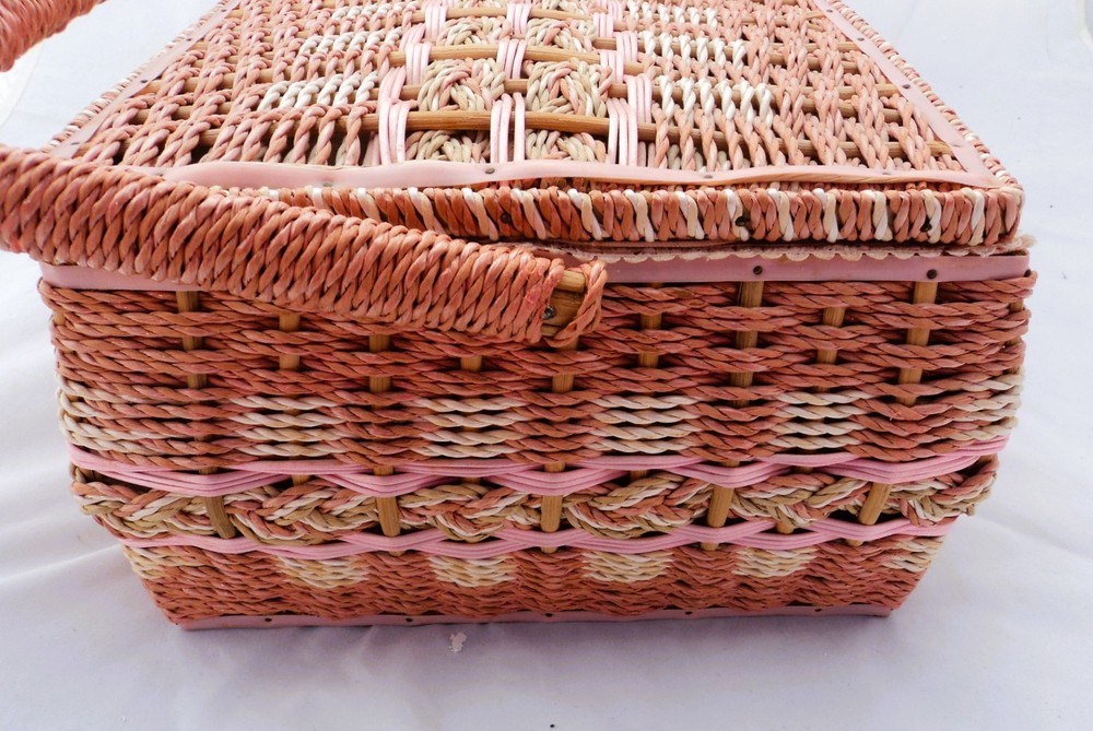 Vintage Pink Woven Wicker Sewing Basket