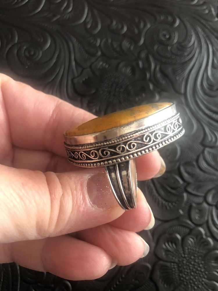 Crescent Moon Bumble Bee Jasper Size 7 Chunky Ring Box Bezel